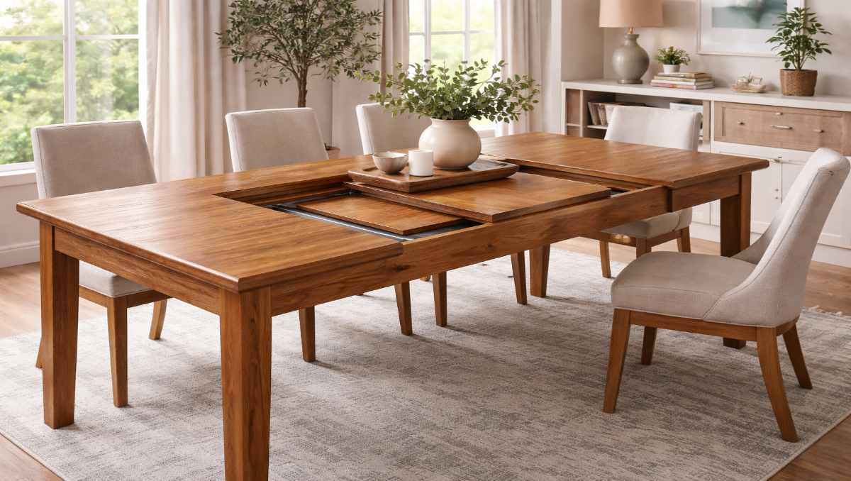An amish dining table with self-storing leaves in the dining room