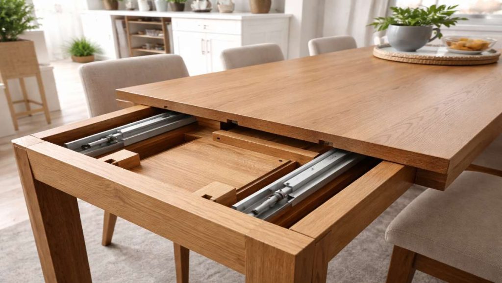dining table extension mechanism A dining table with slide extension mechanism