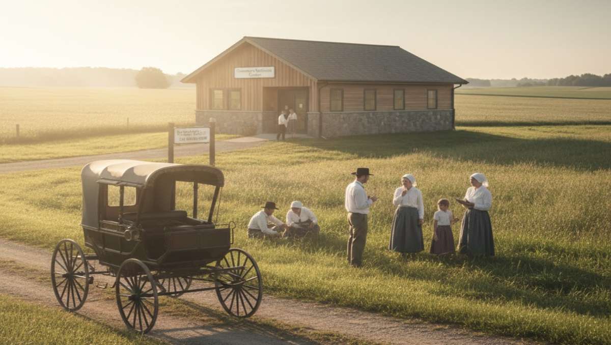 Amish people in the field with buggy and church at the back