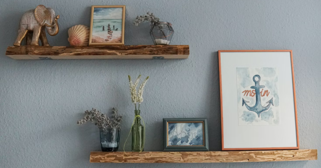 wooden shelves displaying different home decors