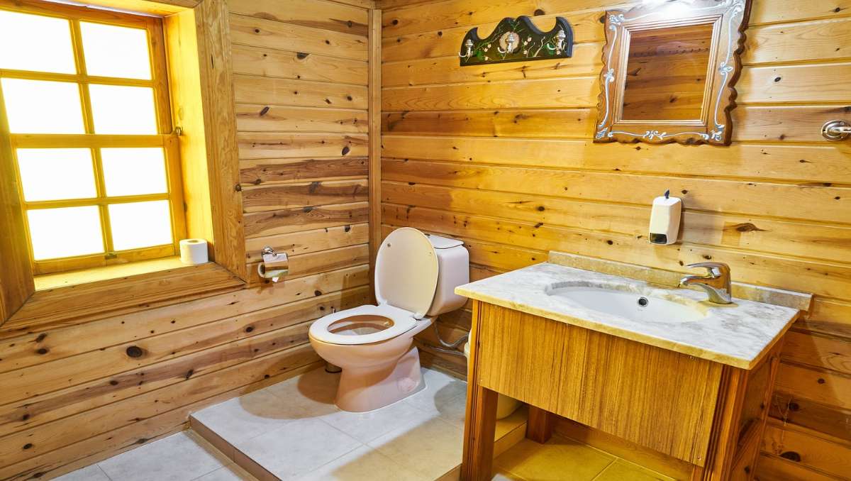 A wooden bathroom.