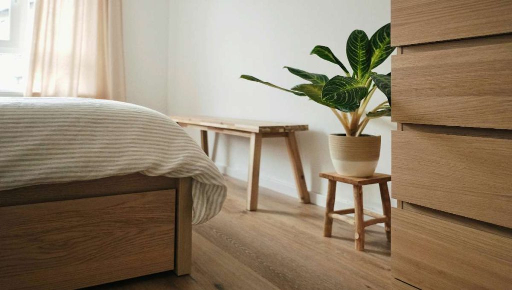 Bedroom with wooden bed, wooden floor, and wooden furniture, and a plant.