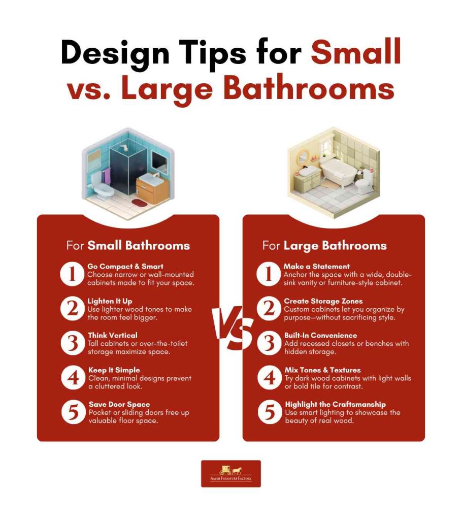 amish made bathroom cabinets Design Tips for Small vs. Large Bathrooms