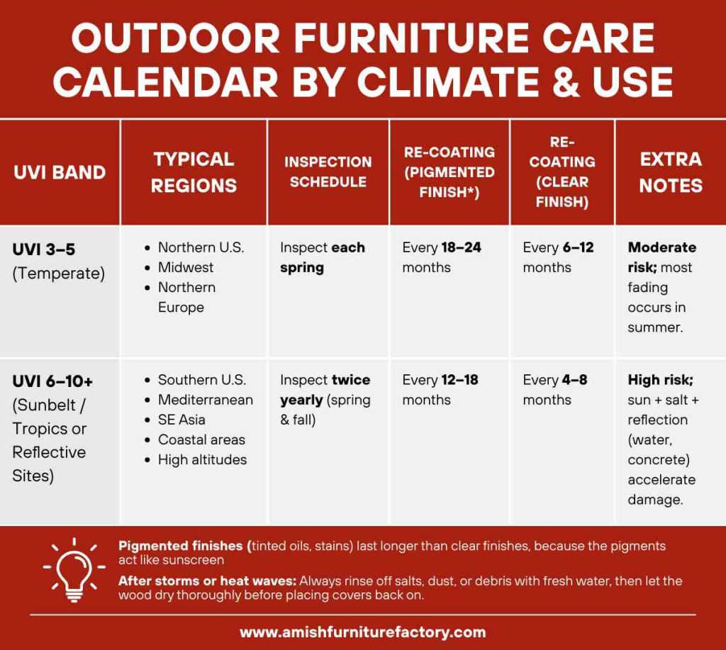 how to protect wood from sun damage Outdoor Furniture Care Calendar by Climate & Use