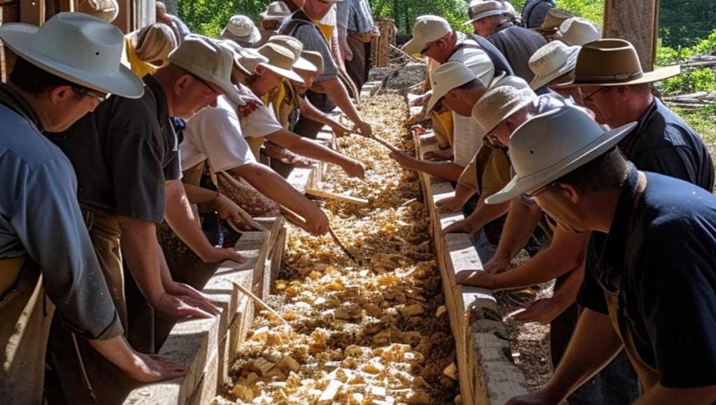 Amish craftsmen working on a natural wood