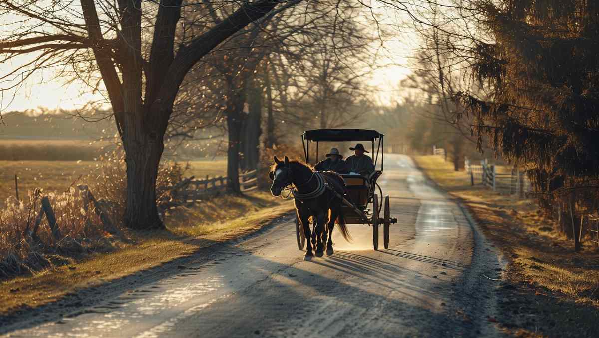 Couple riding on a horse buggy going for Amish country tour