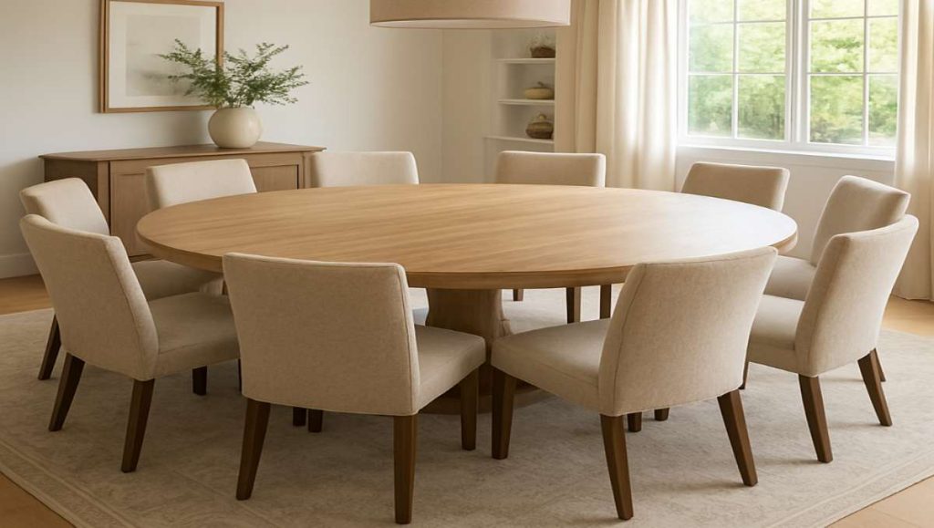 10 seater round dining table A 10 -seater round dining table in neutral minimalist aesthetics