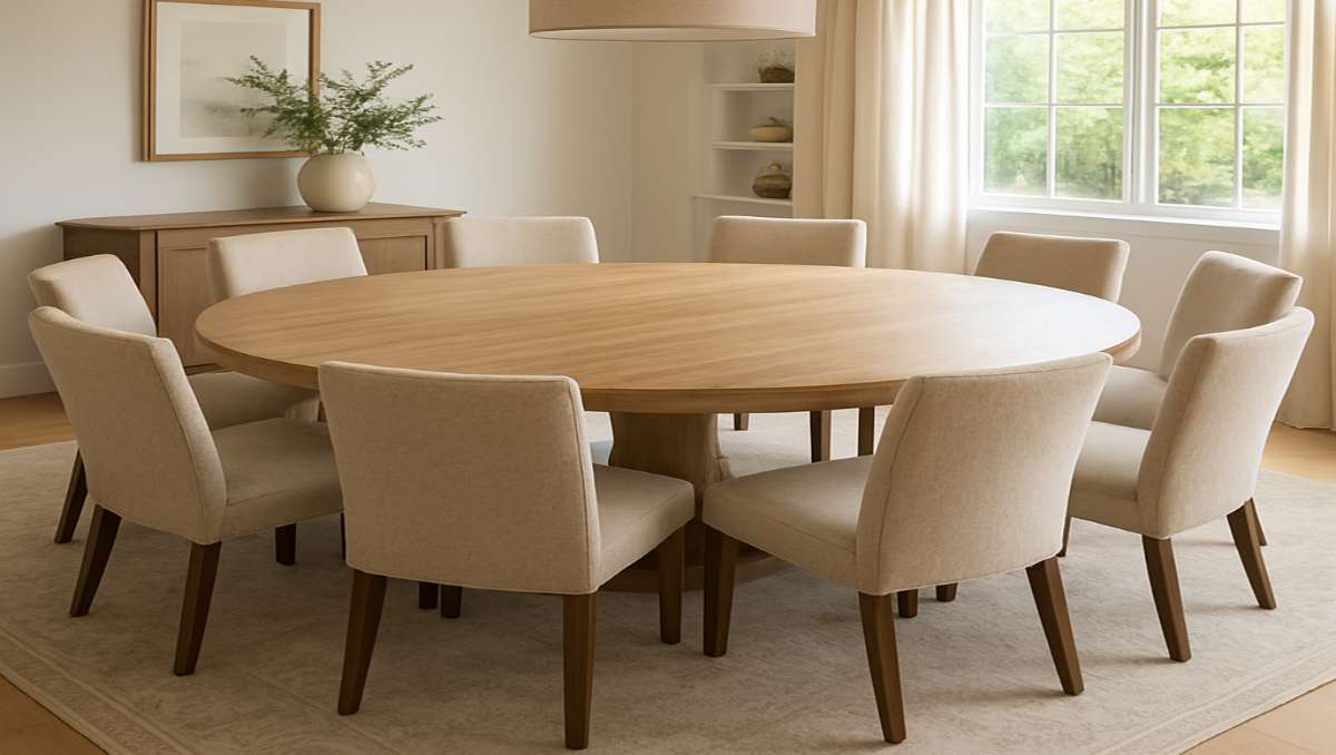 A 10 seater round table in brown minimalist aesthetic