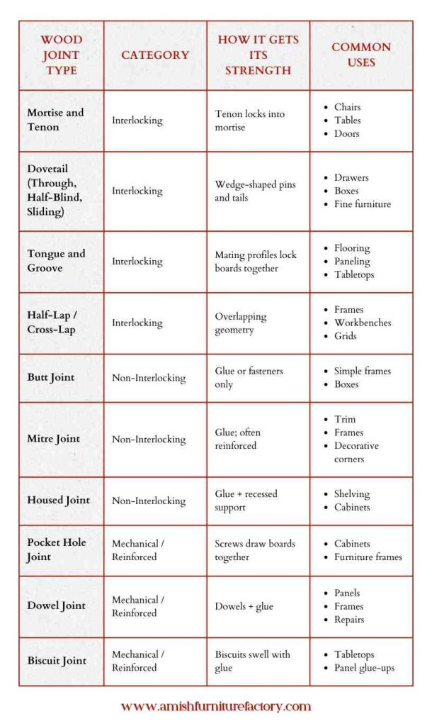 Table of common wood joints