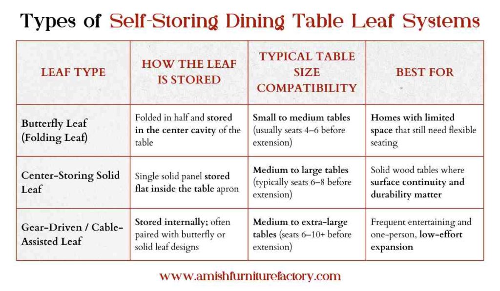 Types of Self-Storing Dining Table Leaf Systems