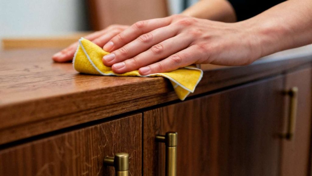 how to remove hand oil from wood furniture Hand removing and wiping away hand oil from the wooden cabinet