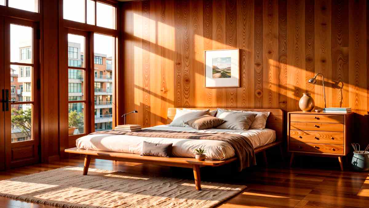 Cherry wood bedroom furniture with wooden wall