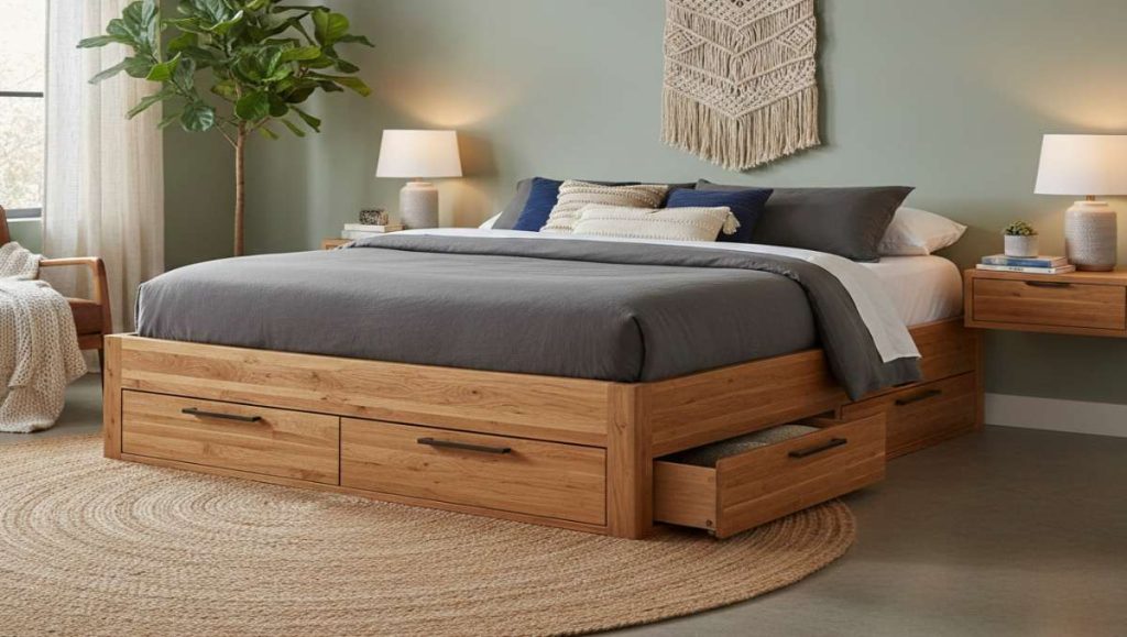 A wooden storage bed in cozy bedroom