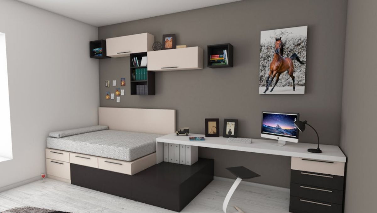 A gray storage bed in modern bedroom