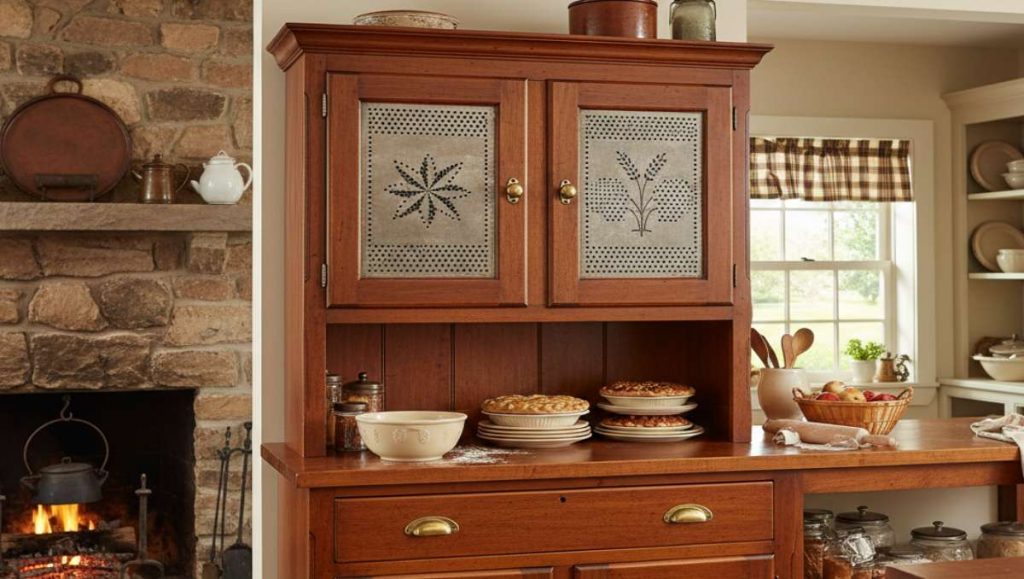 A pie safe hutch in the kitchen