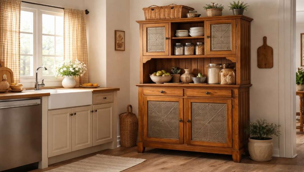 A pie safe hutch in the kitchen