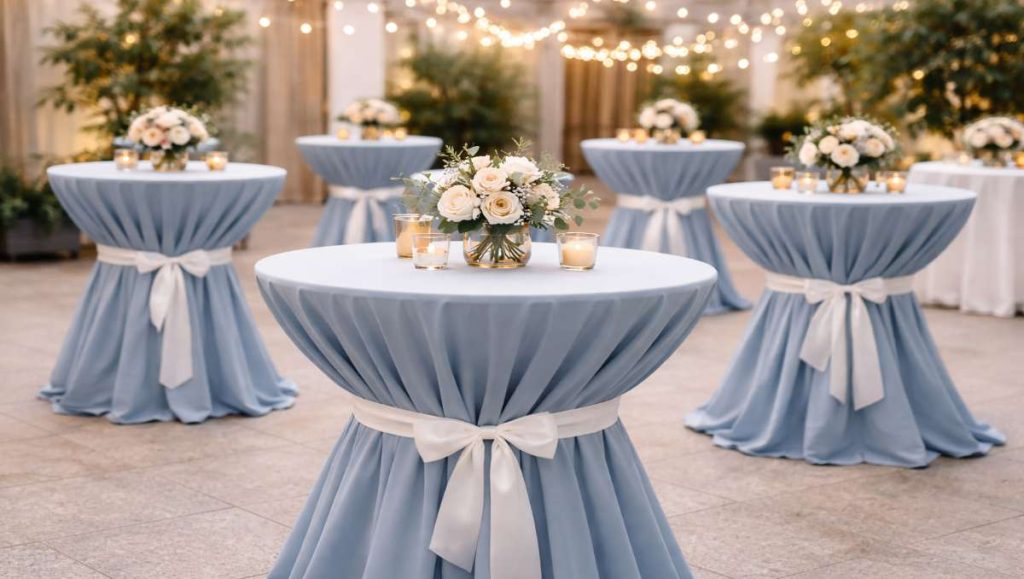 Cocktail tables in blue linen with flowers on top