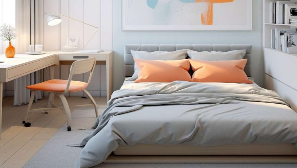 A small bedroom with gray bed and table beside