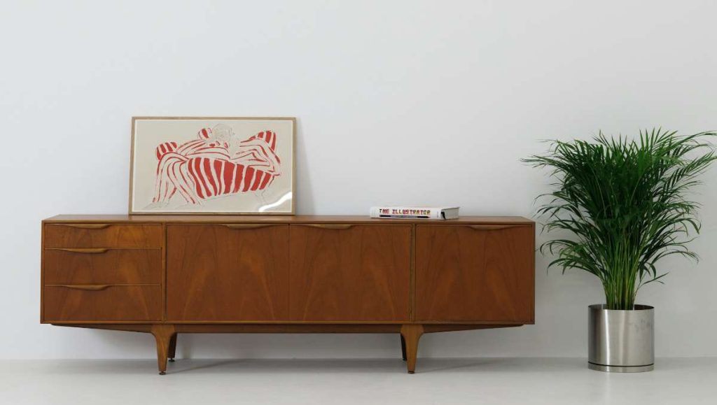 Wooden sideboard and a plant and frame