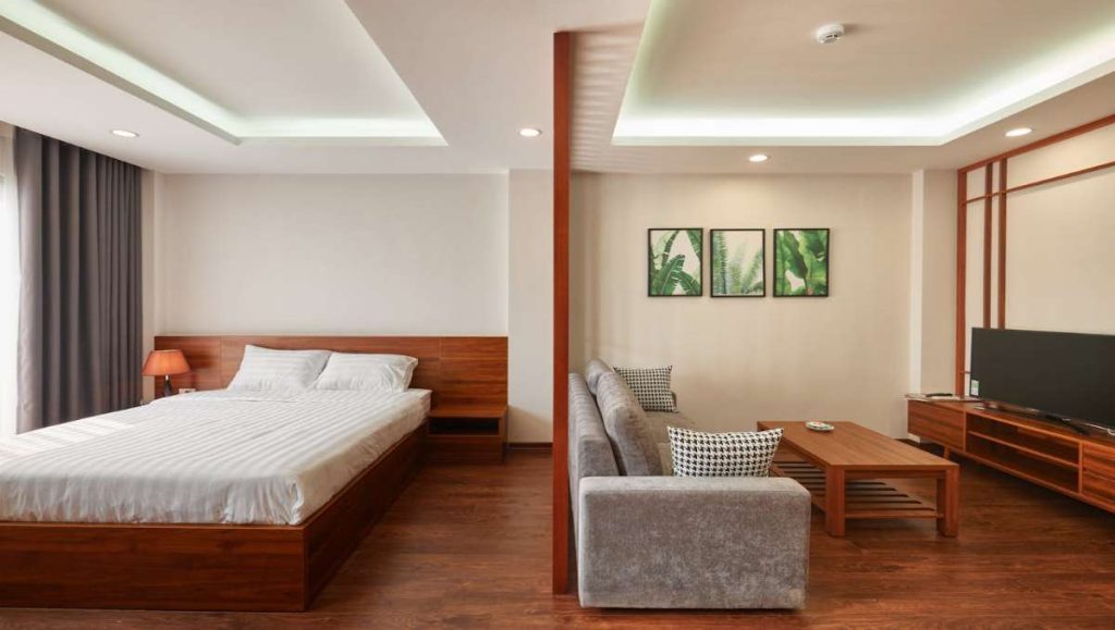 Condo interior with solid wood furniture pieces