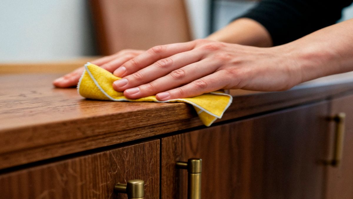 Man wiping and repairing water damaged wood cabinet