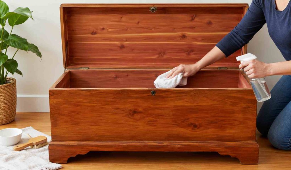 how to clean a cedar chest A girl cleaning a cedar chest using wipes and spray