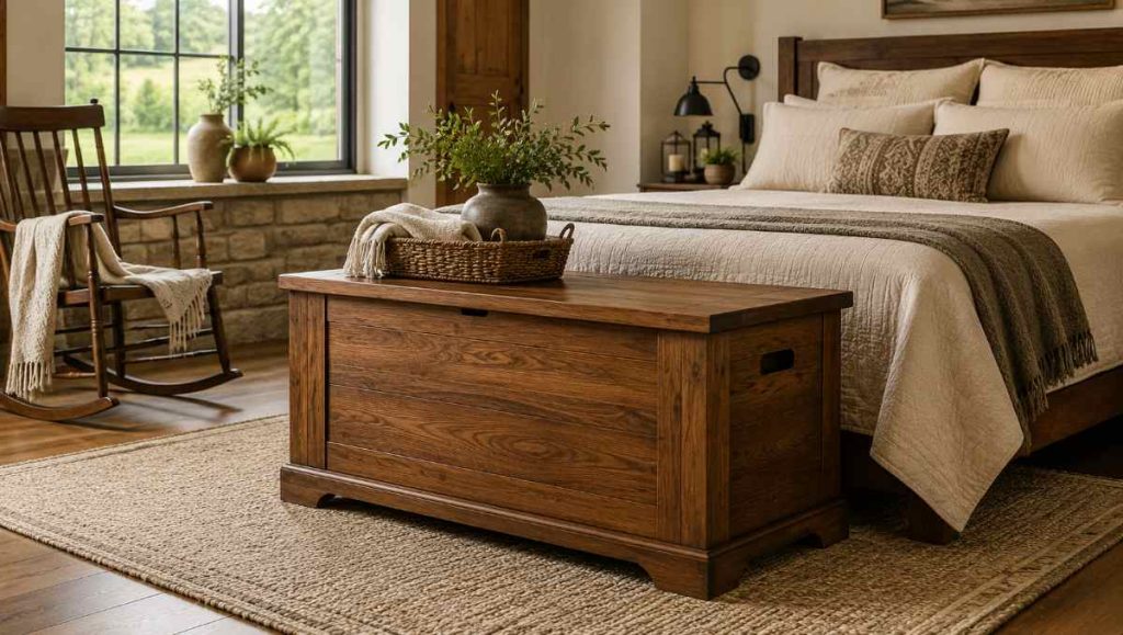 Modern storage chest near the bed