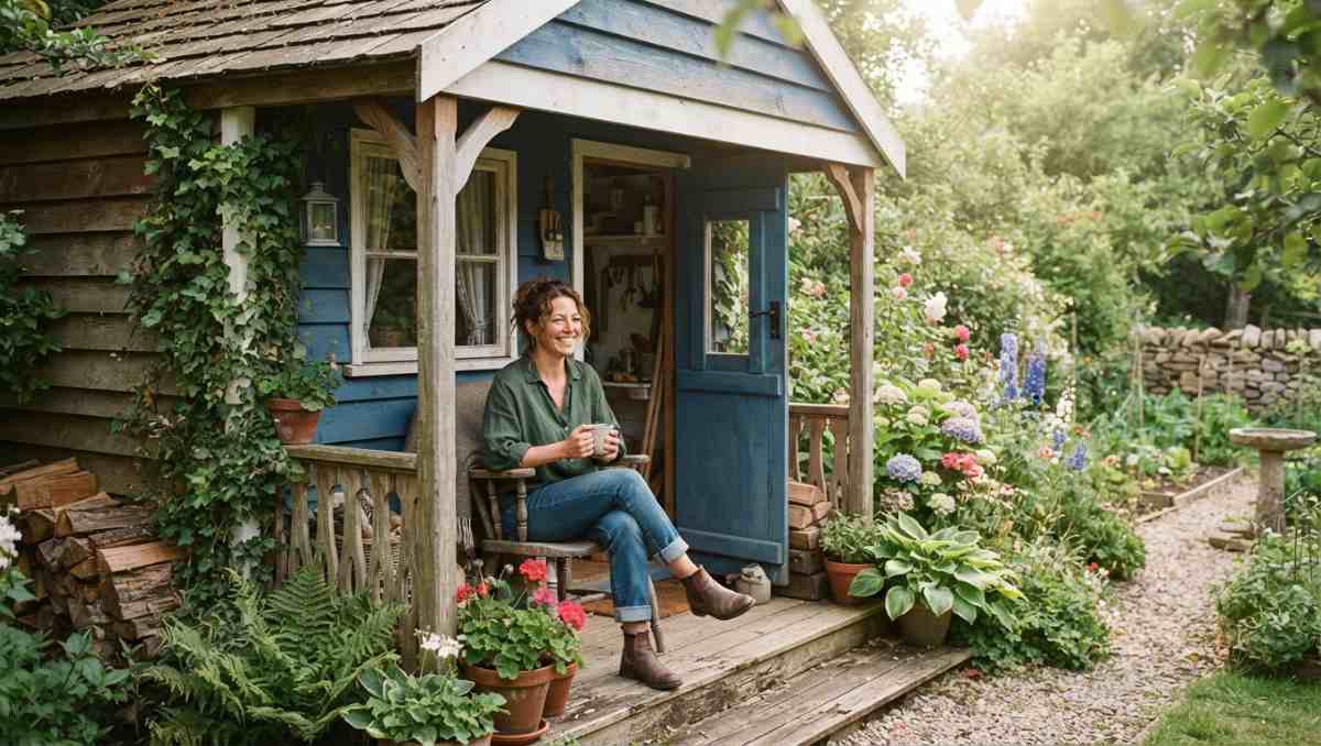 amish shed with porch Girl drinking coffee in an Amish shed with porch