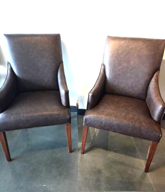 2 Alcott Straight Top Dining Chairs with Upholstered Arms, Brown Maple, FC-228 Rich Tobacco QUICK SHIP - 30% Off or Best Offer