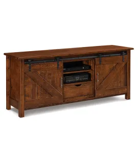 Timbra 2 Door 1 Drawer Media Stand Pictured in Rustic Quartersawn