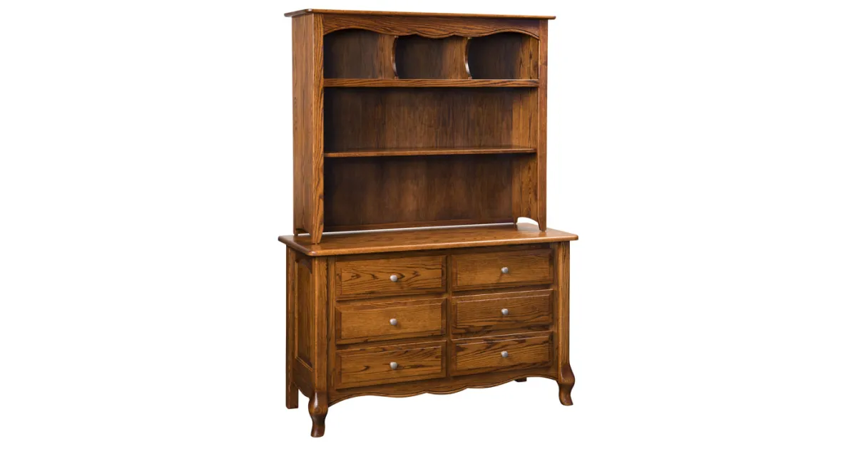 French Country 6 Drawer Dresser with Hutch Top