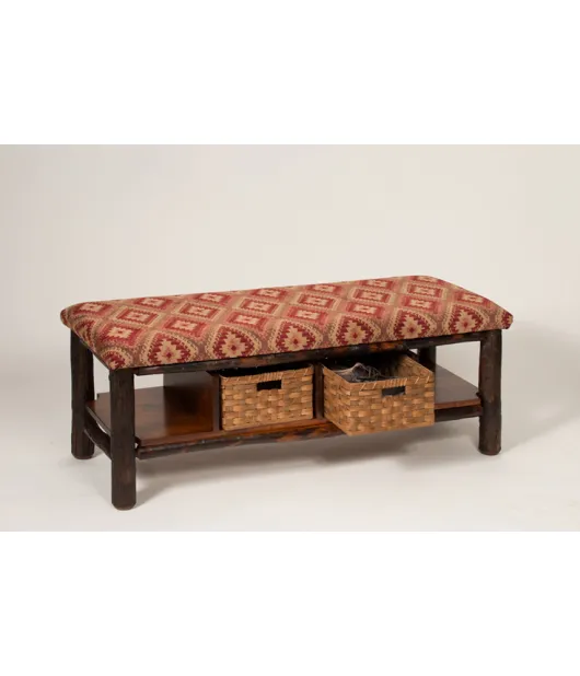 Hickory Bench with 2 Basket & Fabric Seat